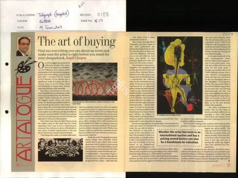 Kapil Chopra (Reporter), The Art of Buying, 2009, Newspaper Clipping