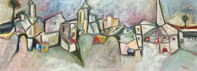S.K. Bakre (Artist), Untitled (Cityscape), 1963, Painting