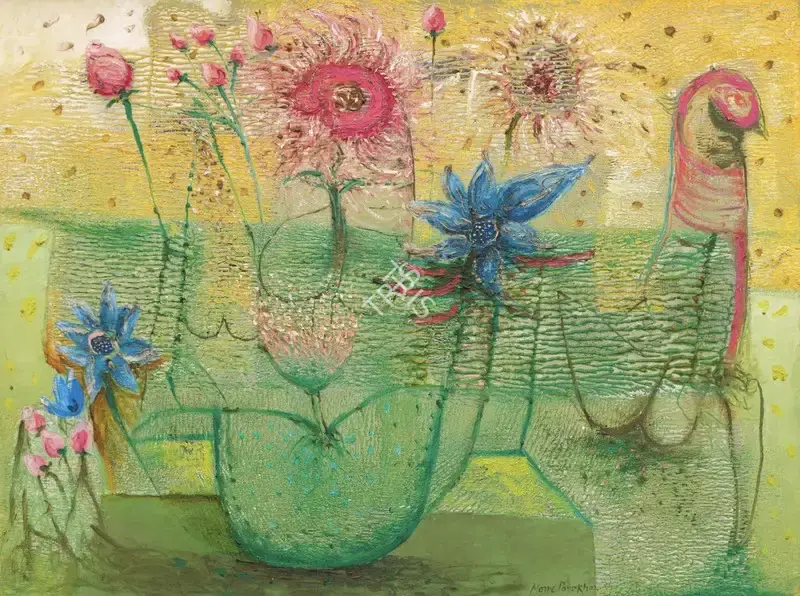 Manu Parekh (Artist), Green River, Red Flowers, 2002, Painting