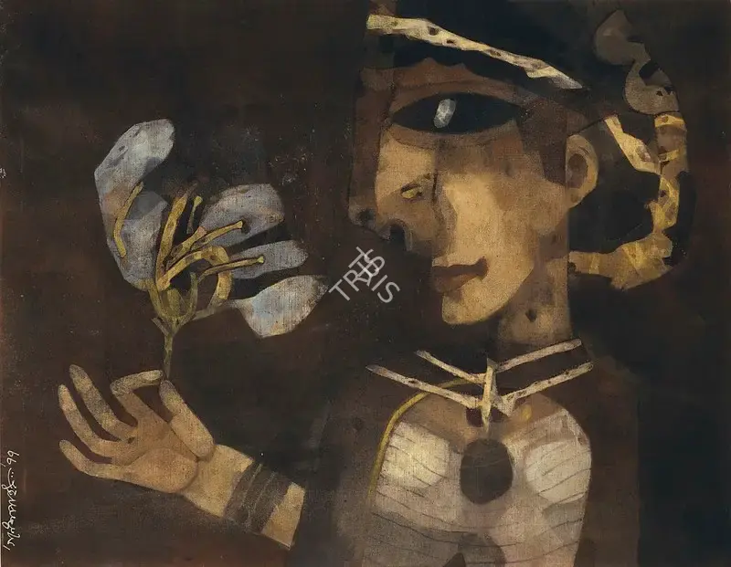 Pyne, Ganesh (Artist). Woman Smelling A Flower, 1977 | Painting, Os.Mum/19.01.08, 2008 · Osian's