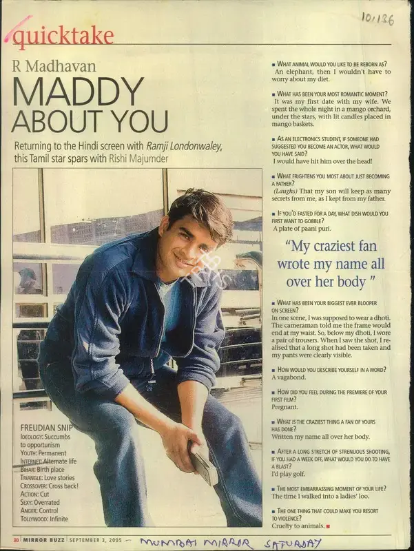 R. Madhavan (Reporter), Maddy About You, 2005, Newspaper Clipping