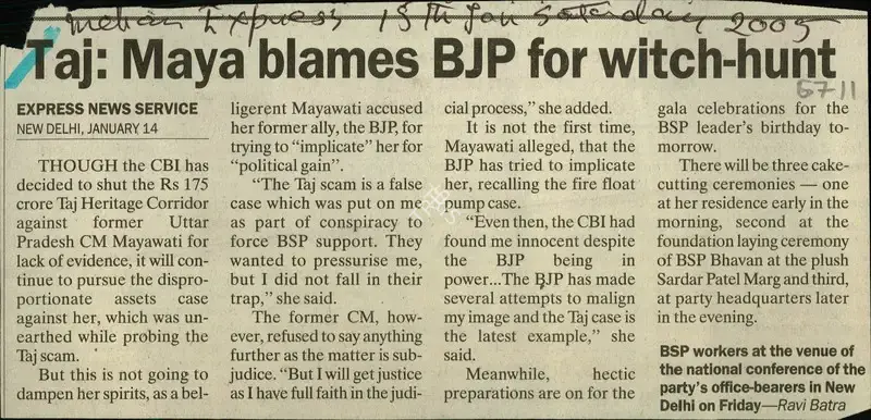 Ravi Batra (Reporter), Taj: Maya Blames BJP for Witch-Hunt, 2005, Newspaper Clipping
