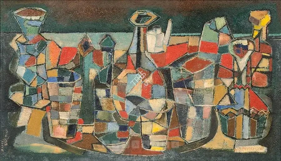 Bakre, S.K. (Artist). Bottles and glasses, n.d. | Painting, Bon.Lon/13.10.05
