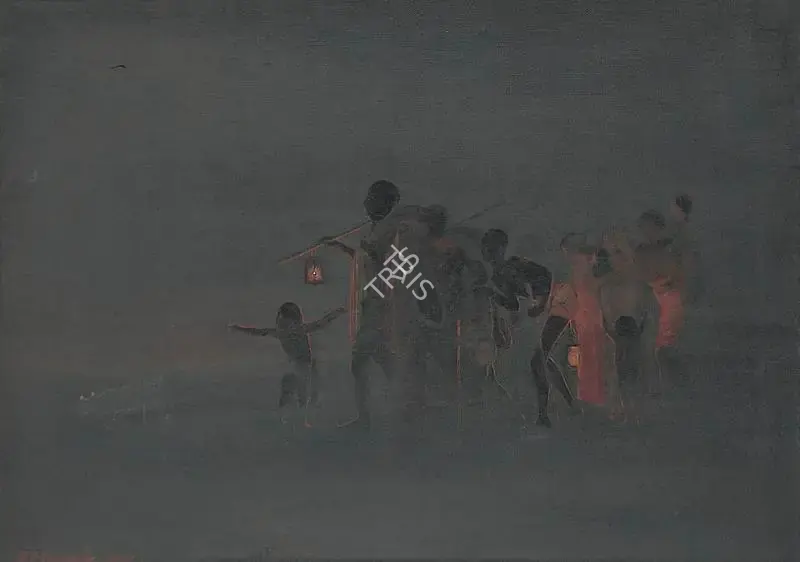 Gangooly, J.P. (Artist). Refugees Seeking Shelter, 1952 | Painting, Os.Mum/24.02.01, 2001 · Osian's
