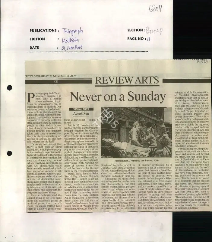 Aveek Sen (Reporter), Never on A Sunday, 2009, Newspaper Clipping
