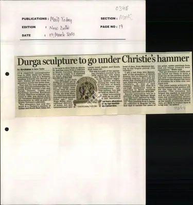 Archana Khare (Reporter), Durga Sculpture to Go Under Christie's Hammer, 2010, Newspaper Clipping