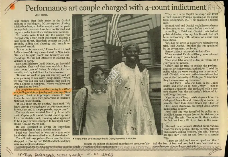 Jeet Thayil (Reporter), Performance Art Couple Charged with 4-Count Indictment, 2003, Newspaper Clipping