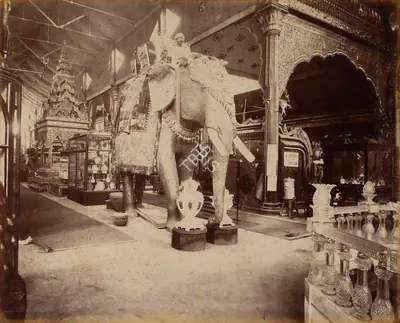 Shew Shankar Narayan (Photographer), The Jeypore Marble Vases, Paper Machie Elephant and Pottery Show case and the Burmese Funeral Pile, 1883, Antiquarian Photograph