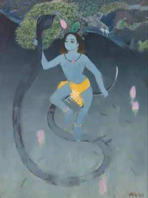 Bendre, N.S. (Artist). Untitled (Krishna on Kaliya), 1991 | Painting, Sa.Mum/11.03.21, 2021 · Saffronart