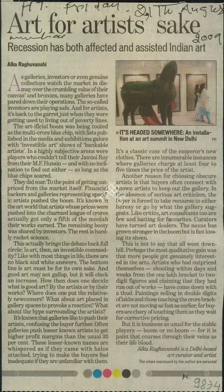 Alka Raghuvanshi (Reporter), Art For Artists Sake, 2009, Newspaper Clipping
