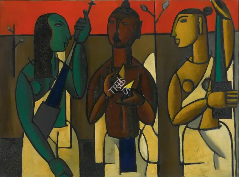 De, Biren (Artist). Three Vaishnavaites, 1955-1956 | Painting, So.NeY/15.03.16, 2016 · Sotheby's