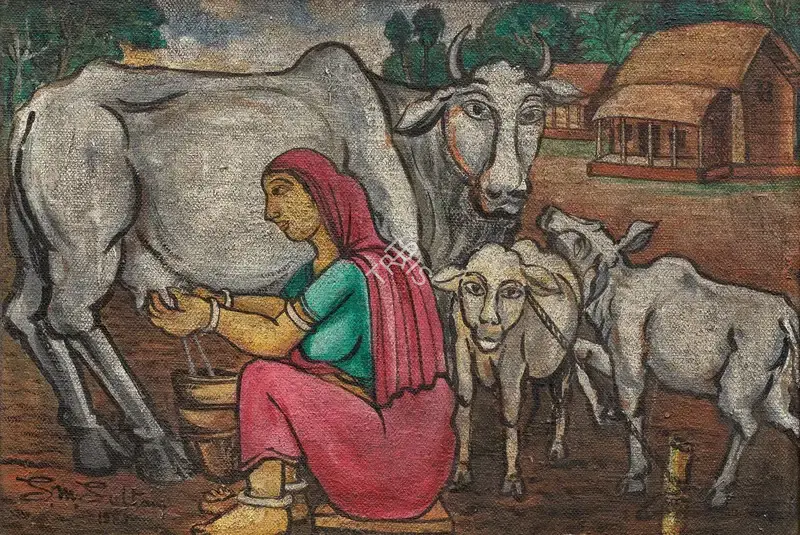 Sheikh Mohammed Sultan (Artist), Untitled (Farmerette milking a cow with calves), 1983, Painting