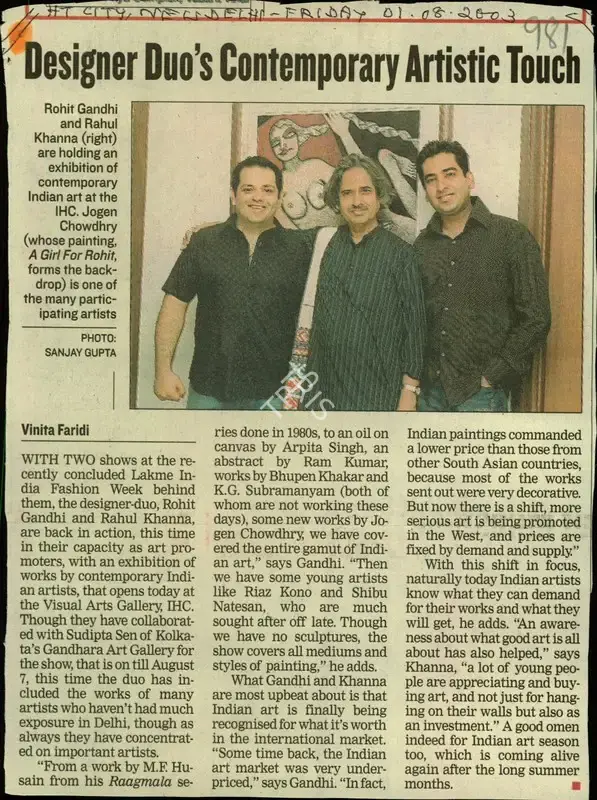 Vinita Faridi (Reporter), Designer's Duo's Contemporary Artistic Touch, 2003, Newspaper Clipping