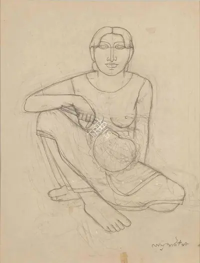 Lalu Prasad Shaw (Artist), Woman with pankha, 1995, Drawing