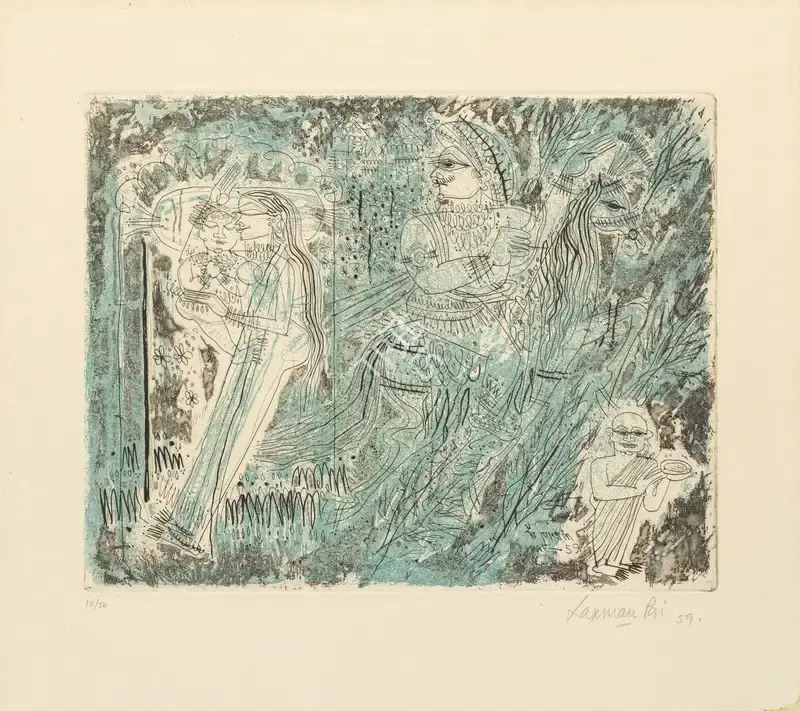 Laxman Pai (Artist), Untitled (Goa Mythology Narrative Blue Lovers), 1959, Graphic Art