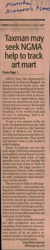 Deep Sikarwar (Reporter), Taxman May Seek NGMA Help to Track Art Mart, 2007, Newspaper Clipping