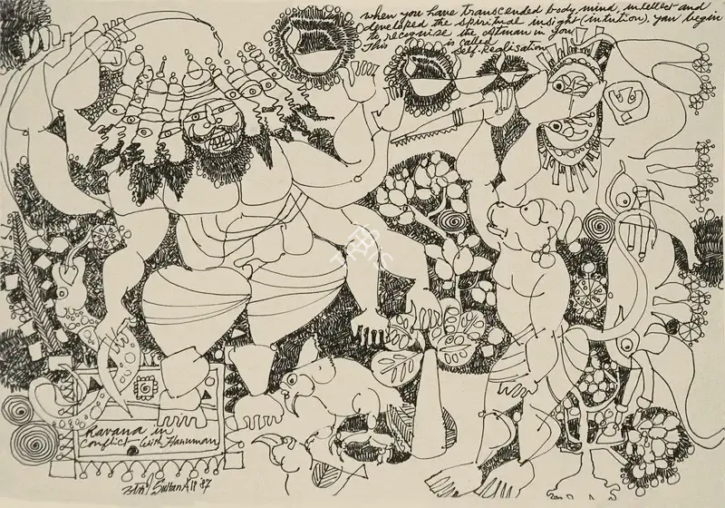 J. Sultan Ali (Artist), Ravana In Conflict With Hanuman, 1987, Drawing
