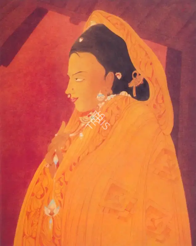 M.A.R. Chughtai (Artist), A Young Woman wearing a Saffron Cloak, 1965, Painting