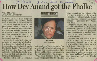 Vinod Sharma (Writer), How Dev Anand Got The Phalke, 2003, Newspaper Clipping