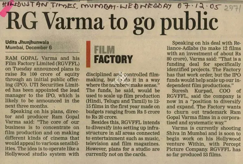 Udita Jhunjhunwala (Reporter), RG Verma to go Public, 2005, Newspaper Clipping