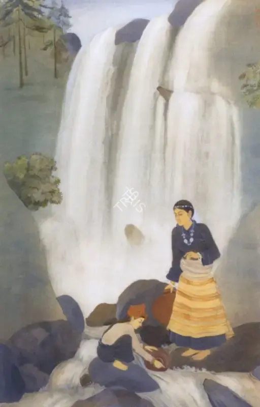 Bengal School (Artist), Mother And Child Fetching Water, A Waterfall Beyond, 1920, Painting