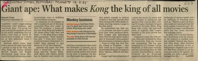 Kenneth Turan (Reporter), Giant ape: What makes Kong the king of all movies, 2005, Newspaper Clipping