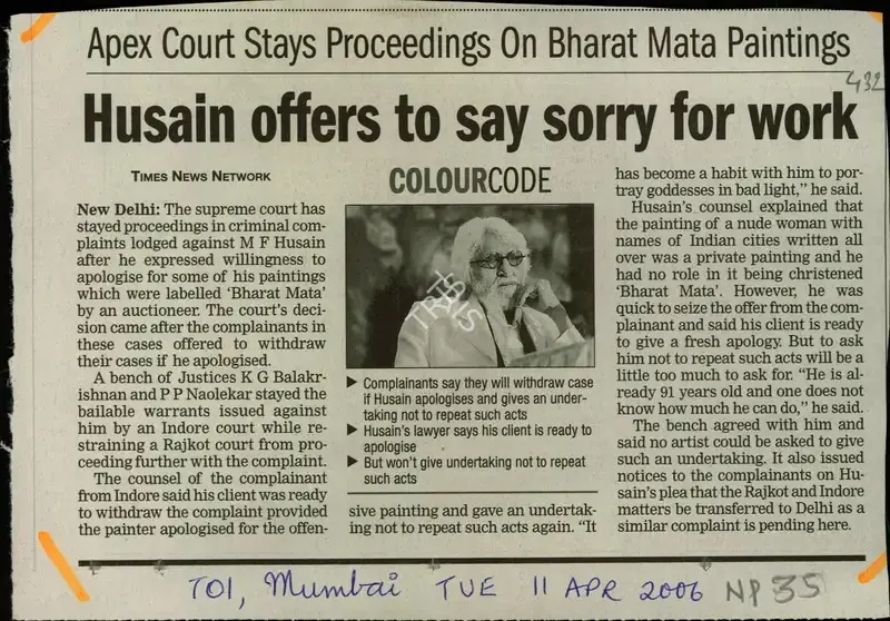 Hussain Offers to Say Sorry for Work, 2006, Newspaper Clipping