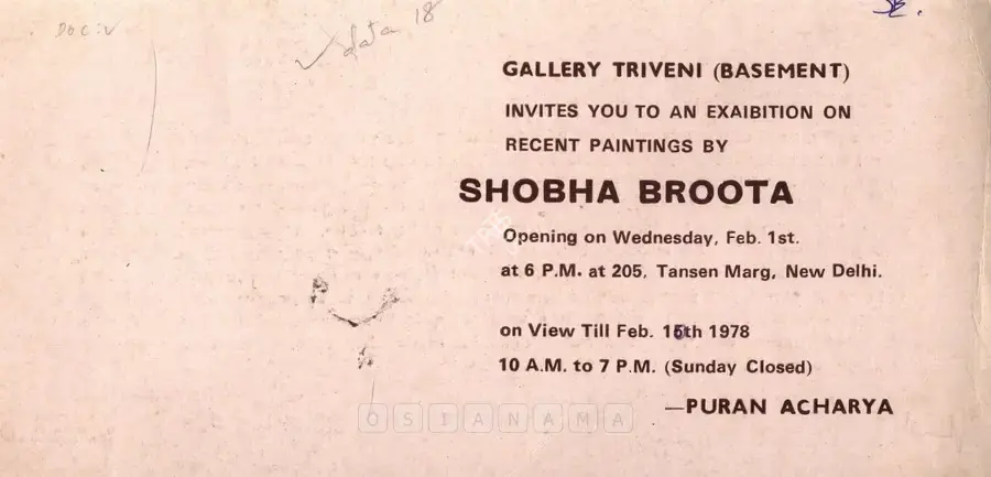 Shobha Broota (Artist), Shobha Broota, 1978, Solo Exhibition Invitation