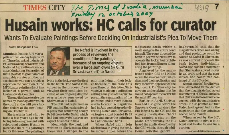 Swati Deshpande (Reporter), Husain works: HC calls for Curator, 2007, Newspaper Clipping