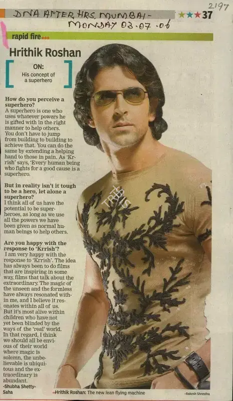 Rakesh Shrestha (Photographer), Hritik Roshan On: His Concept Of a Superhero, 2006, Newspaper Clipping