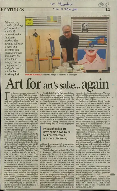 Anubha Sawhney Joshi (Reporter), Art for Art's sake…Again, 2009, Newspaper Clipping