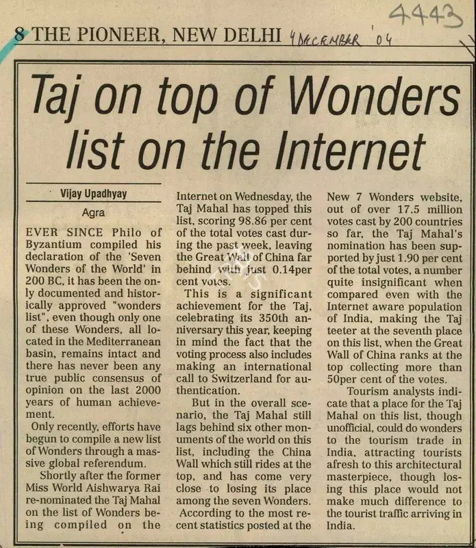 Vijay Upadhyay (Reporter), Taj on Top of Wonders list on the Internet, 2004, Newspaper Clipping
