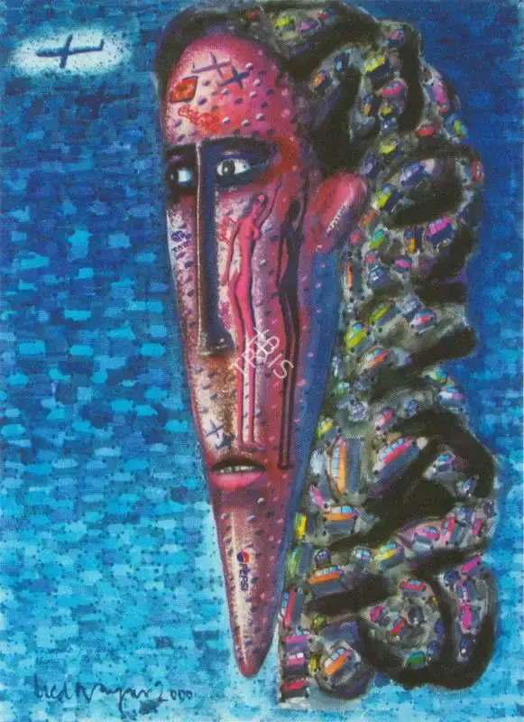 Ved Nayar (Artist), "Perhaps, Celebrities will wear" expression and promotional stickers" as beauty aids in 2050, Painting