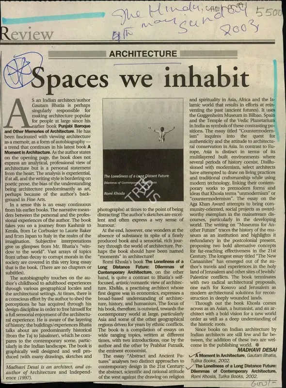 Madhavi Desai (Writer), Spaces We Inhabit, 2003, Newspaper Clipping