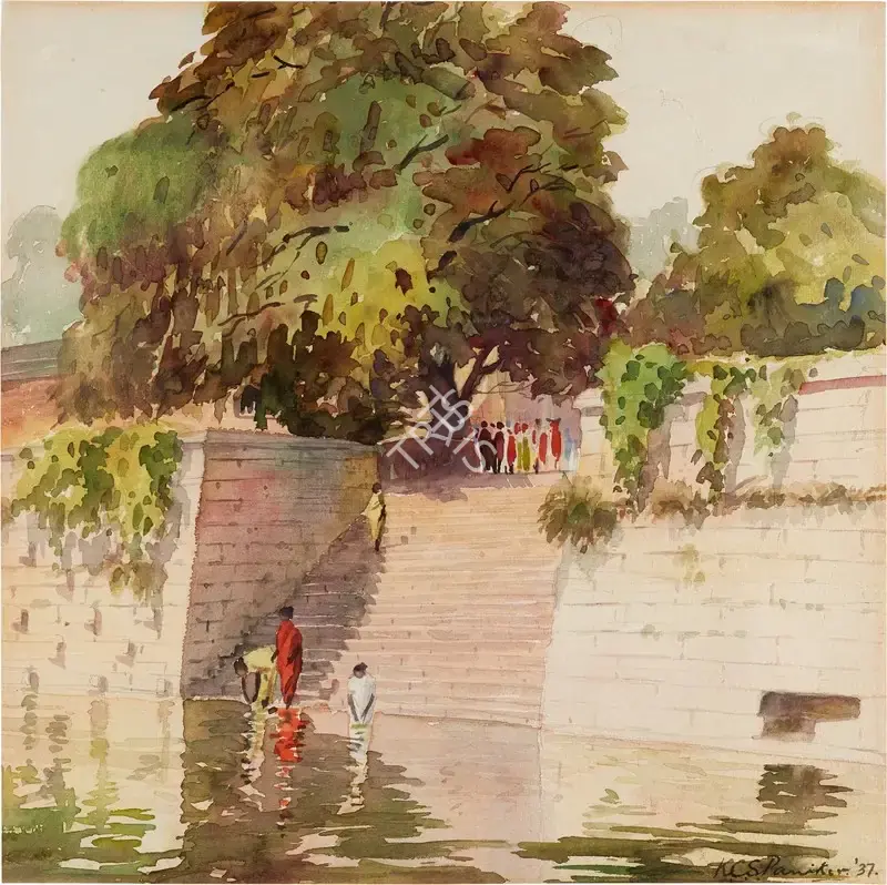 K.C.S. Paniker (Artist), Thiruparan Kundram Bathing Ghat, 1937, Painting