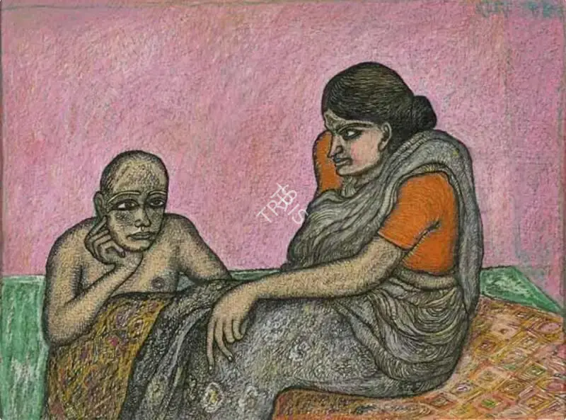 Jogen Chowdhury (Artist), Man and the old lady, 1988, Painting