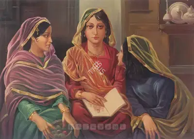 Ustad Allah Bukhsh (Artist), Three Sisters, 1952, Painting