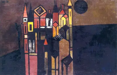S.H. Raza (Artist), Medieval Village, 1954, Painting