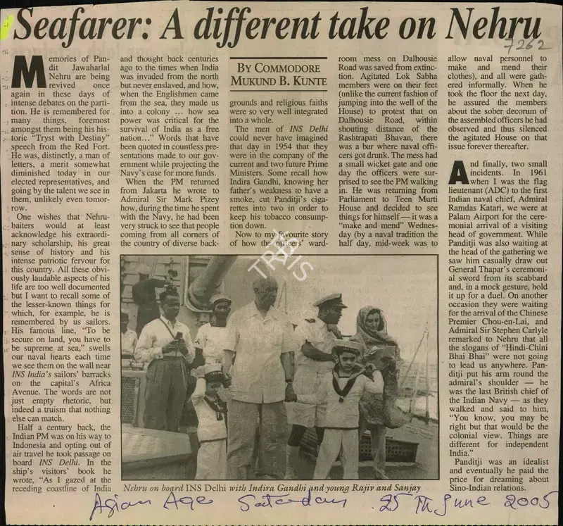 Mukund B. Kunte (Reporter), Seafarer: A Different take on Nehru, 2005, Newspaper Clipping