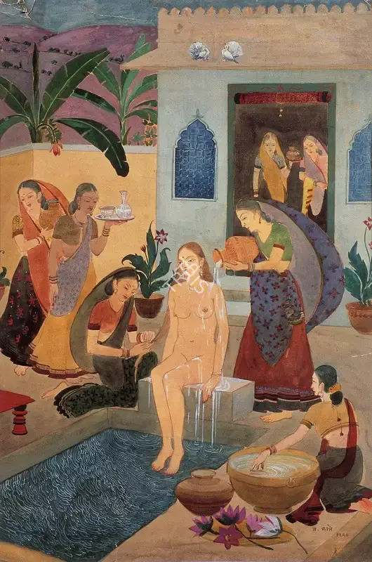 G.K. Mhatre (Artist), Women Bathing with Attendants, 1920, Painting
