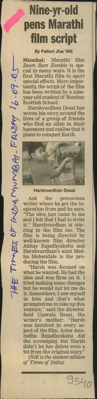 Pallavi Jha (Reporter), Nine-Yr-Old Pens Marathi Film Script, 2005, Newspaper Clipping
