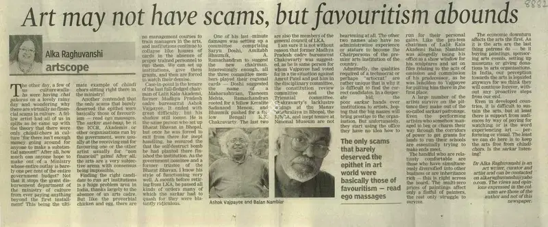 Alka Raghuvanshi (Writer), Art May Not Have Scams, But Favouritism Abounds, 2012, Newspaper Clipping