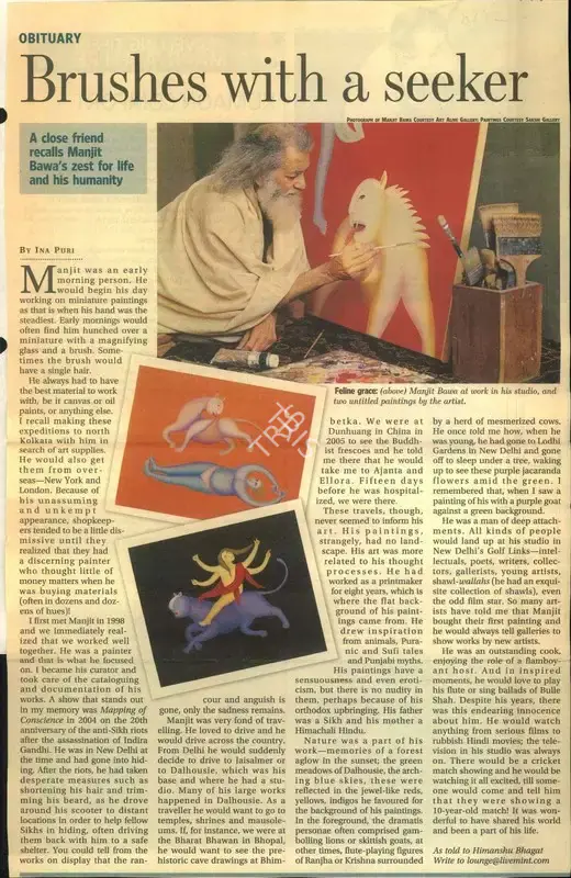 Ina Puri (Writer), Brushes with A Seeker, 2009, Newspaper Clipping