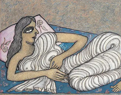 Chowdhury, Jogen (Artist). Woman Reclining, 2001 | Drawing, Os.Del/01.03.06, 2006 · Osian's