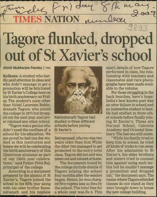 Jhimli Mukherjee Pandey (Writer), Tagore Flunked, Dropped Out Of St Xavier's School, 2009, Newspaper Clipping