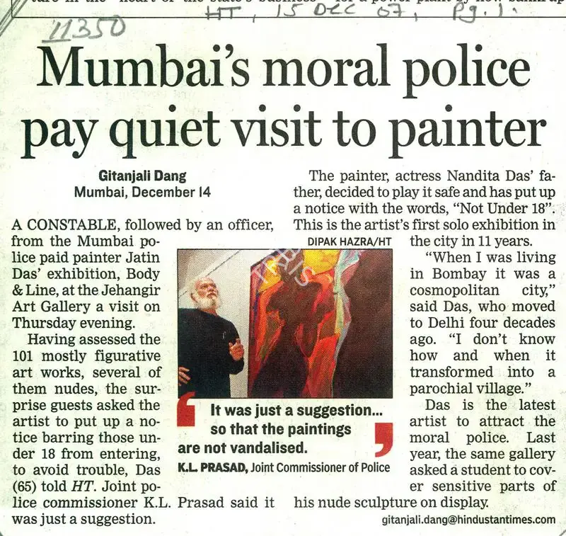 Gitanjali Dang (Writer), Mumbai's Moral Police Pay quiet Vistit to Painter, 2007, Newspaper clipping