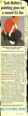 Chidanand Rajghatta (Writer), Tyeb Mehta's Painting Goes For A Record $1.6m, 2005, Newspaper clipping