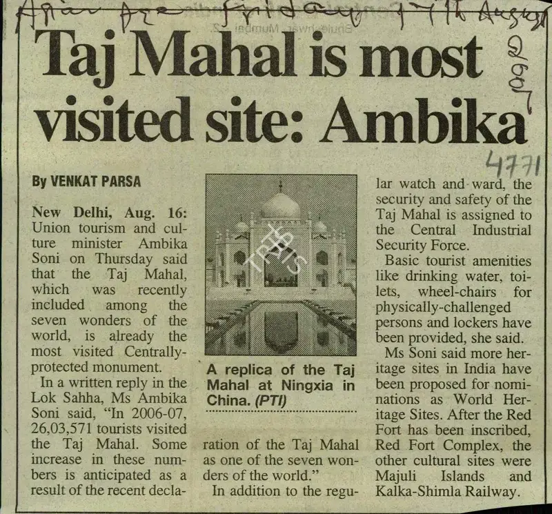 Venkat Parsa (Reporter), Taj Mahal is Most Visited site, 2007, Newspaper Clipping