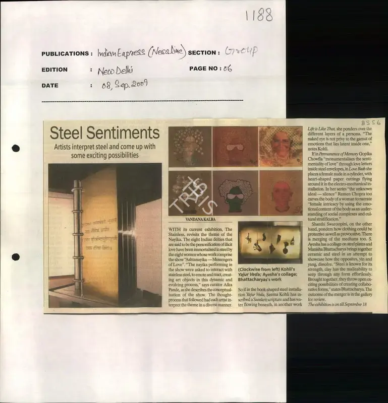 Vandana Kalra (Reporter), Steel Sentiments, 2009, Newspaper Clipping
