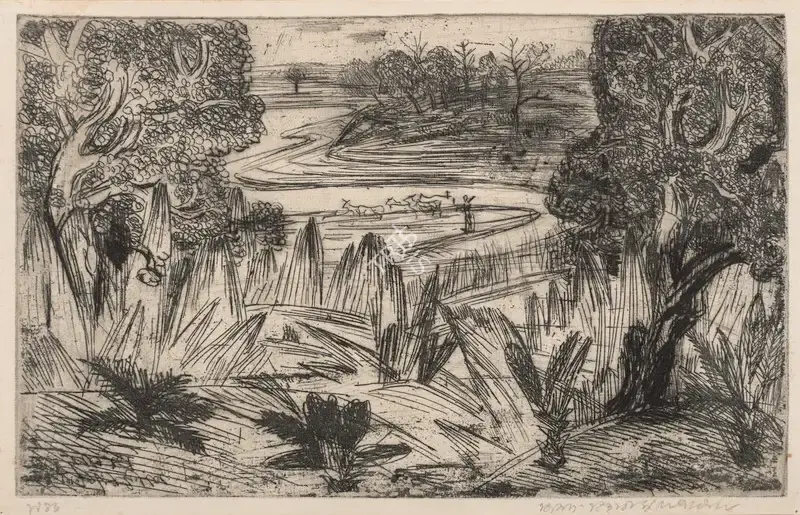 B.B. Mukherjee (Artist), Landscape, 1940, Graphic Art